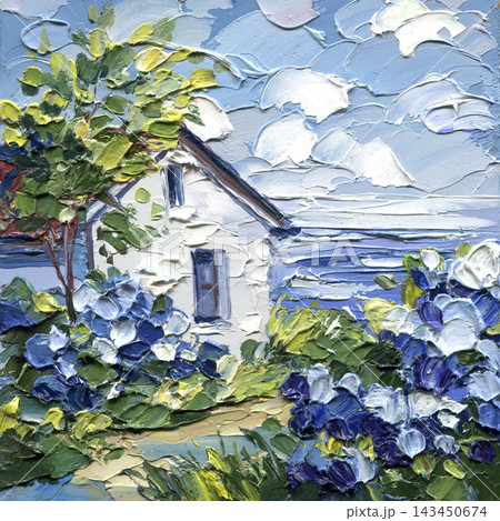 Coastal Cottage with Blue Hydrangeas by the Sea in textured impasto oil painting with white house garden path and summer landscape Coastal Cottage with Blue Hydrangeas by the Sea in textured impasto oil painting with white house garden path and summer landscape 143450674