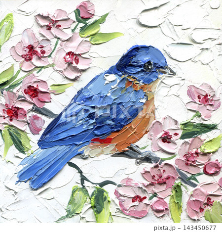 Eastern Bluebird Pink Blossoms on White Background in Textured Impasto Oil Painting for Spring Bird and Floral Wall Decor Art  143450677