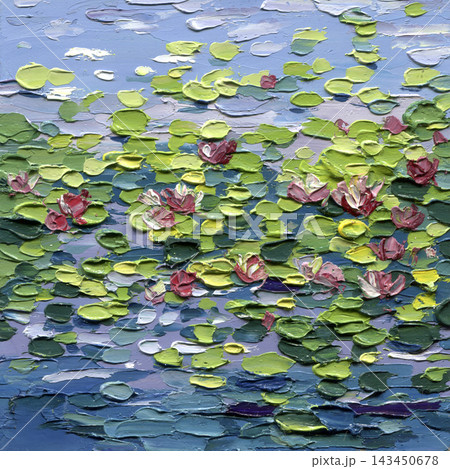 Water Lily Pond with Pink Blossoms Green Pads and Blue Water in Textured Impasto Oil Painting for Botanical Nature Wall Decor 143450678