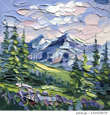 Mountain Peaks with Pine Trees Wildflowers and Green Meadow under Pastel Sky in Textured Impasto Oil Painting Alpine Wall Decor Mountain Peaks with Pine Trees Wildflowers and Green Meadow under Pastel Sky in Textured Impasto Oil Painting Alpine Wall Decor 143450679