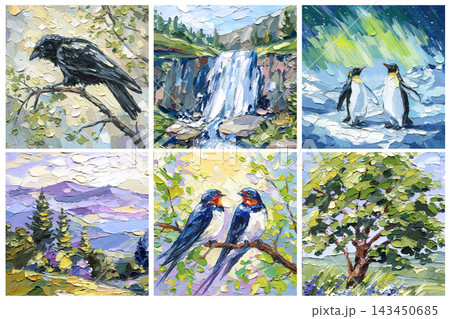 Impasto Oil Painting Set with Crow Waterfall Penguins Purple Mountains Swallows and Green Tree Palette Knife Collection 143450685