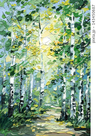 Birch Grove Path Oil Painting with Fresh Green Foliage Golden Sunlight and Textured Palette Knife Strokes in a Summer Woodland 143450687