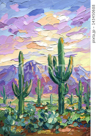 Saguaro Cactus Desert Oil Painting with Purple Mountains Pastel Sunset Sky and Thick Palette Knife Texture in an Arizona Landscape Saguaro Cactus Desert Oil Painting with Purple Mountains Pastel Sunset Sky and Thick Palette Knife Texture in an Arizona Landscape 143450688