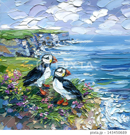 Two Atlantic Puffins on Coastal Cliffs by Blue Ocean with Wildflowers in Summer Impasto Oil Painting with Palette Knife Texture 143450689