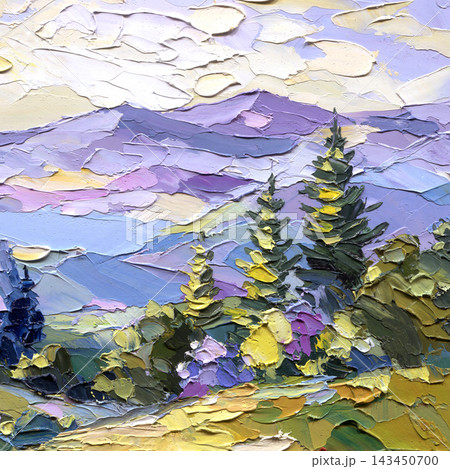 Purple Mountain Landscape with Evergreen Trees and Golden Light Impasto Oil Painting with Layered Peaks and Palette Knife Texture Purple Mountain Landscape with Evergreen Trees and Golden Light Impasto Oil Painting with Layered Peaks and Palette Knife Texture 143450700