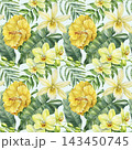 Yellow hibiscus and orchids watercolor seamless pattern with tropical green leaves on pale blue background fabric wallpaper 143450745