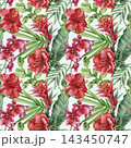 Red tropical flowers watercolor seamless pattern hibiscus orchids bromeliads and green leaves on pale blue background for fabric 143450747