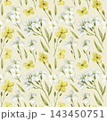 Yellow white flowers watercolor seamless pattern green leaves on cream background for spring fabric wallpaper and wrapping paper 143450751