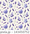 Purple butterflies lavender flowers watercolor seamless pattern on cream background for romantic fabric wallpaper and spring decor 143450752