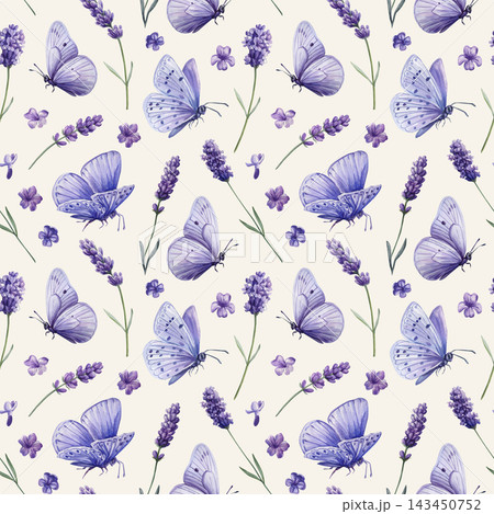 Purple butterflies lavender flowers watercolor seamless pattern on cream background for romantic fabric wallpaper and spring decor 143450752