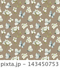 White butterflies and flowers watercolor seamless pattern on warm brown background for elegant fabric wallpaper and spring decor 143450753