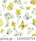 Yellow butterflies and white flowers watercolor seamless pattern on a bright background for cheerful spring textile and decor 143450754