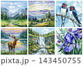 Mountain landscapes birds deer waterfall and purple iris flower textured impasto oil painting collection for colorful nature decor 143450755