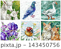 Llama family pigeon goose iris ladybug and sleeping kittens textured impasto oil painting collection with colorful nature subjects 143450756