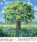 Oak tree in summer meadow with blue wildflowers textured impasto oil painting under bright sky for rustic nature wall decor design 143450757