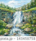 Waterfall mountain landscape oil painting with green forest rocks blue stream and thick palette knife texture 143450758