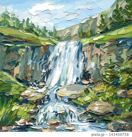 Waterfall mountain landscape oil painting with green forest rocks blue stream and thick palette knife texture Waterfall mountain landscape oil painting with green forest rocks blue stream and thick palette knife texture 143450758