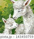 White lamb and sheep oil painting with green grass peaceful farm animals and soft thick impasto texture 143450759