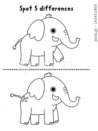 Safari find differences game with elephant. African savanna black and white activity with cute animal. Line puzzle for kids with funny character. Savannah printable worksheet, coloring page 143451469