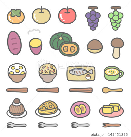 かわいい秋グルメのイラストセット かわいい秋グルメのイラストセット 143451856