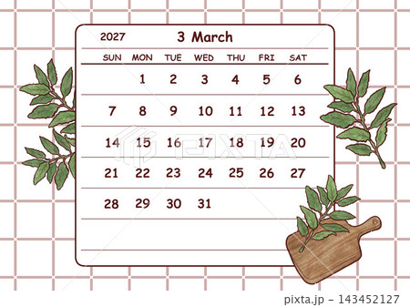 2027年3月のカレンダー　日曜日始まり 143452127