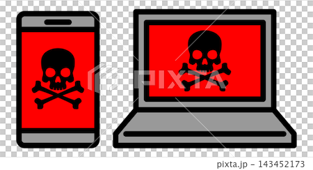 Smartphone and computer icons displaying a skull warning; security risk image. Smartphone and computer icons displaying a skull warning; security risk image. 143452173