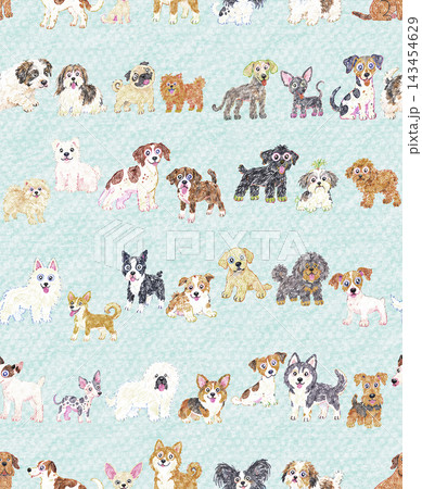 クレヨンタッチで描かれたかわいい犬たちのシームレスパターン　Dusty Blue 143454629
