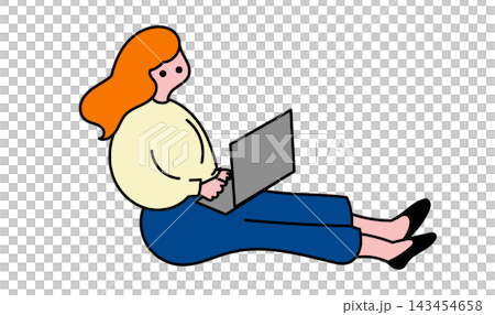 Flat vector illustration of a young woman sitting on the floor and using a laptop. Flat vector illustration of a young woman sitting on the floor and using a laptop. 143454658