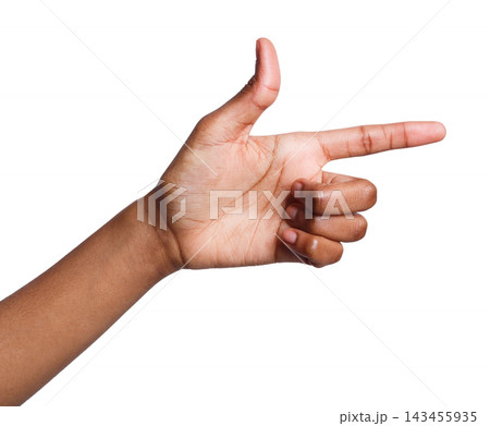 Black female hand pointing on virtual object with index finger, isolated on a white background, closeup, copy space Black female hand pointing on virtual object with index finger, isolated on a white background, closeup, copy space 143455935