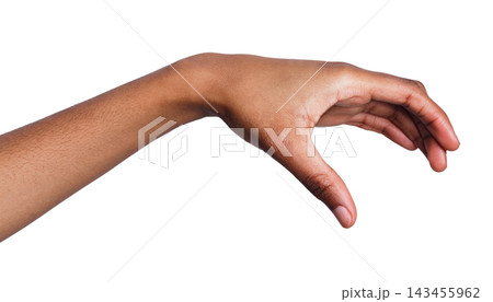 Black female hand grab or take some items on white isolated background, cutout, copy space Black female hand grab or take some items on white isolated background, cutout, copy space 143455962