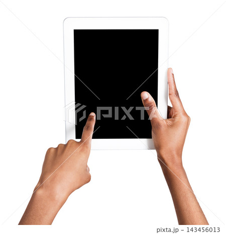 Holding and pointing to blank screen on digital tablet. African-american female hands using device with blank screen, copy space for advertisement, isolated on white background Holding and pointing to blank screen on digital tablet. African-american female hands using device with blank screen, copy space for advertisement, isolated on white background 143456013