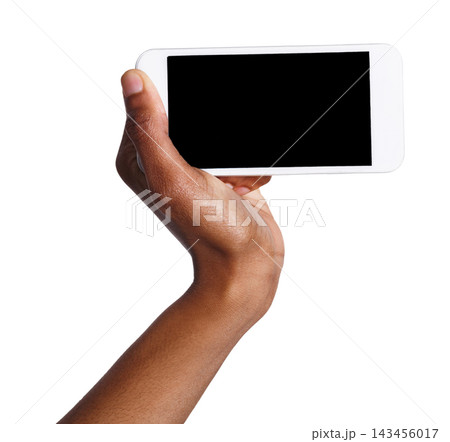 African-american female hand holding mobile smart phone with blank screen, isolated on white background. Copy space for advertisement of mobile app, mockup 143456017