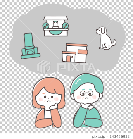 Japanese middle-aged couple worried about end-of-life planning | Cute hand-drawn illustrations Japanese middle-aged couple worried about end-of-life planning | Cute hand-drawn illustrations 143456932