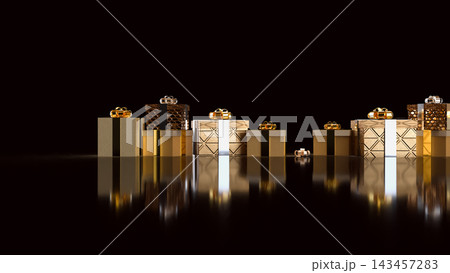 Elegant Gold Gift Boxes with Metallic Bows and Reflections 3d render. 143457283