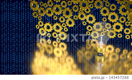 Innovation Light Bulb with Golden Gears and Binary Code 3d render. Innovation Light Bulb with Golden Gears and Binary Code 3d render. 143457288