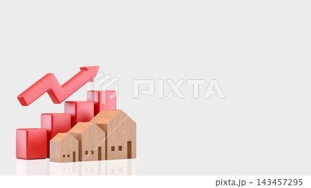 Rising Real Estate Market with Wooden Houses and a Red Growth Chart 3d render. 143457295