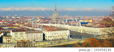 European city Turin old buildings and mountains, Italy European city Turin old buildings and mountains, Italy 143458130