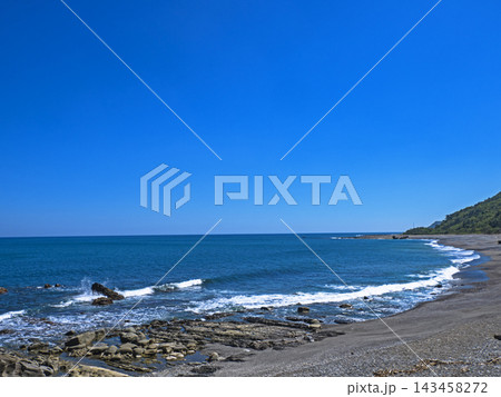 sunny coastline with blue sea and green hills sunny coastline with blue sea and green hills 143458272
