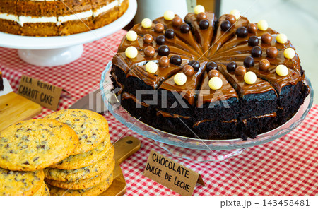 Assortment of sweets on counter in market Assortment of sweets on counter in market 143458481