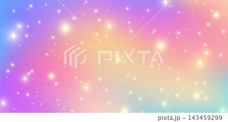 Fairy rainbow background with pink purple pastel gradient, magic sky sparkles and unicorn stars. Vector dreamy backdrop with glowing starbursts, glitter lights and soft iridescent fantasy kawaii color 143459299