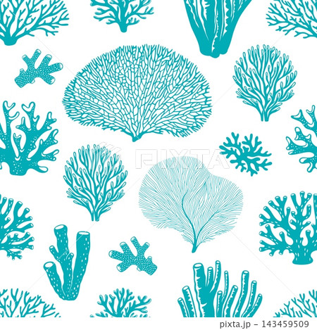 Silhouettes of sea blue coral reef and ocean seaweed seamless pattern background. Underwater pattern with sea fan corals, brain corals, tube sponges and aquatic plants for coastal home decor textiles 143459509