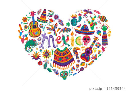 I love Mexico heart shape with Mexican ethnic folklore decorations and food. Vector traditional ornament with Mexico lettering, guitar, sombrero and cactus. Skull, candle, maracas, taco and flowers 143459544