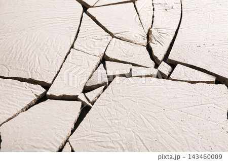 The ground surface displays a network of deep cracks in dry soil. This scene occurs in an area with bright sunlight and shows signs of low moisture content. The ground surface displays a network of deep cracks in dry soil. This scene occurs in an area with bright sunlight and shows signs of low moisture content. 143460009