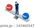 メリットとデメリットの間で悩むビジネスマン、シーソーで利点と欠点を比較検討するイラスト 143460547