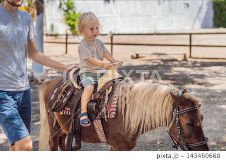 Father steadies his toddler during an outdoor pony ride. Supportive parenting and new riding experiences. Father steadies his toddler during an outdoor pony ride. Supportive parenting and new riding experiences. 143460668
