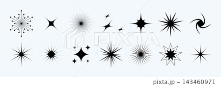 Shining twinkles, sparks and sparkles set. Blinking star sunburst shape collection. Magic light flare pack for design template, poster, banner, brochure, leaflet. Vector glint glitter illustration Shining twinkles, sparks and sparkles set. Blinking star sunburst shape collection. Magic light flare pack for design template, poster, banner, brochure, leaflet. Vector glint glitter illustration 143460971