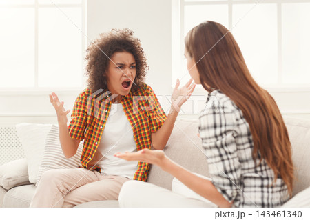 Two friends are having a conversation in a living room. One friend appears upset while the other is trying to explain her point. Natural light enters through large windows. Two friends are having a conversation in a living room. One friend appears upset while the other is trying to explain her point. Natural light enters through large windows. 143461340