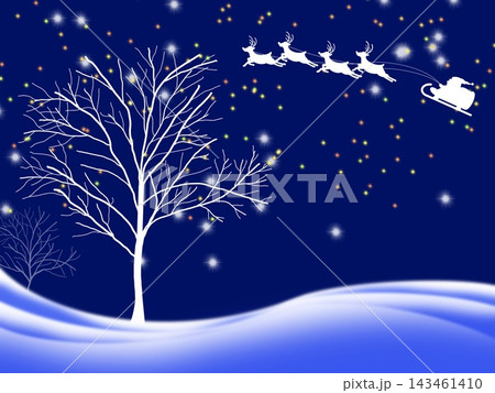 雪景色と星空を駆けるサンタとトナカイのクリスマス背景 雪景色と星空を駆けるサンタとトナカイのクリスマス背景 143461410