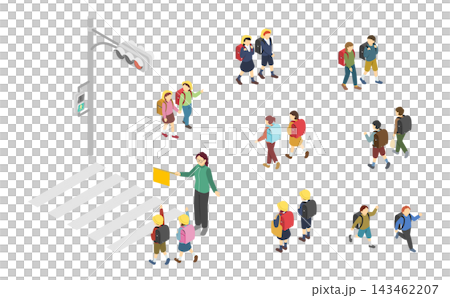 Isometric illustrations: Set of elementary school students going to and from school 143462207