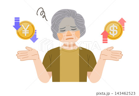 円安ドル高に悲しむ高齢女性のイラスト 143462523